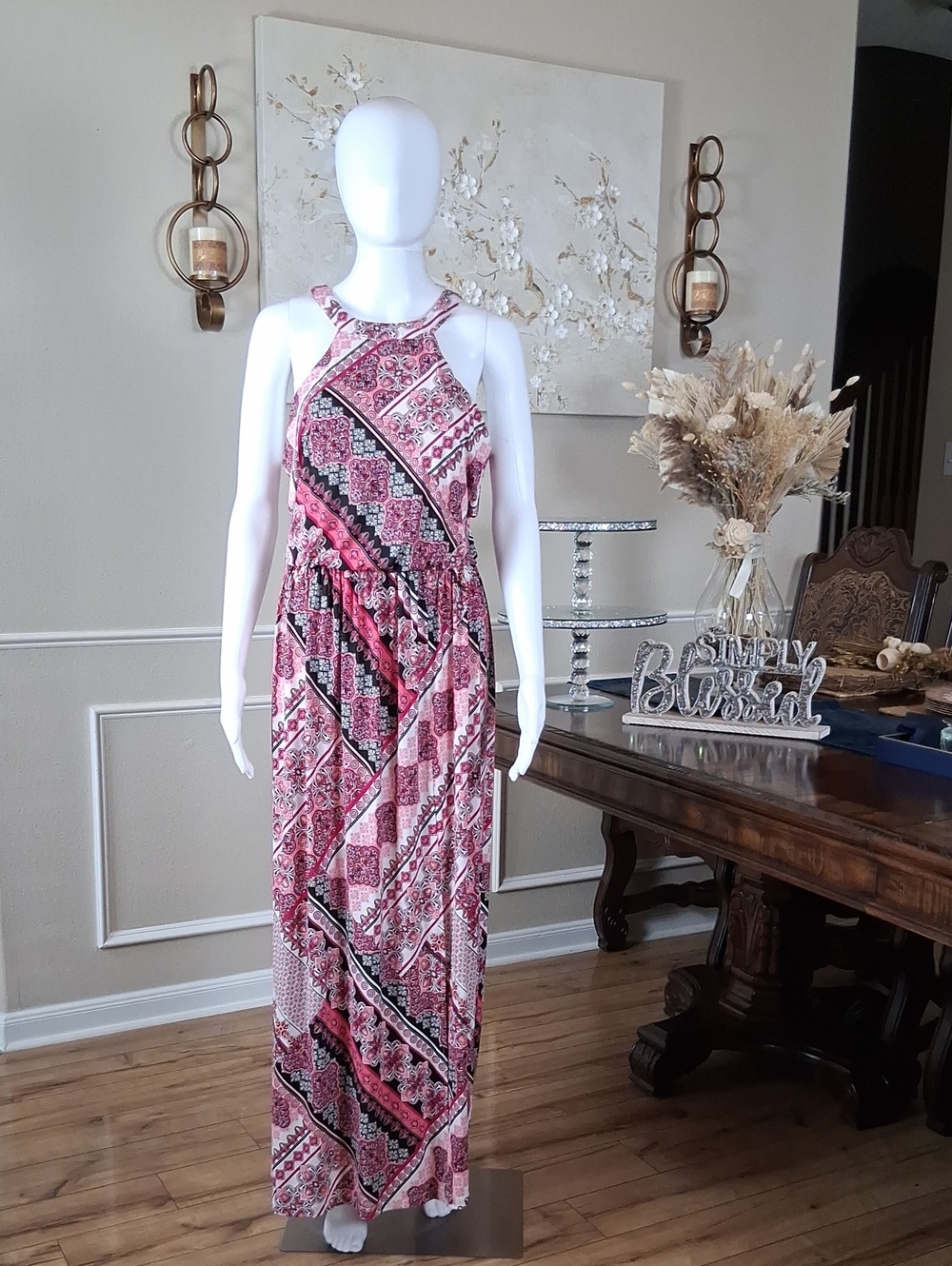 Trixxi Women's Halter Pink Multi Boho Maxi Dress Size Large Summer Dress - Picture 6 of 14